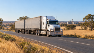 Australian freight truck travelling past golden paddocks and grain silos in a rural landscape.