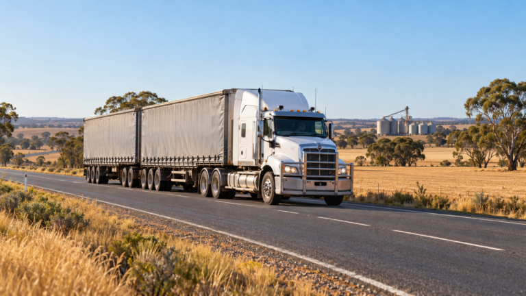 Australian freight truck travelling past golden paddocks and grain silos in a rural landscape.